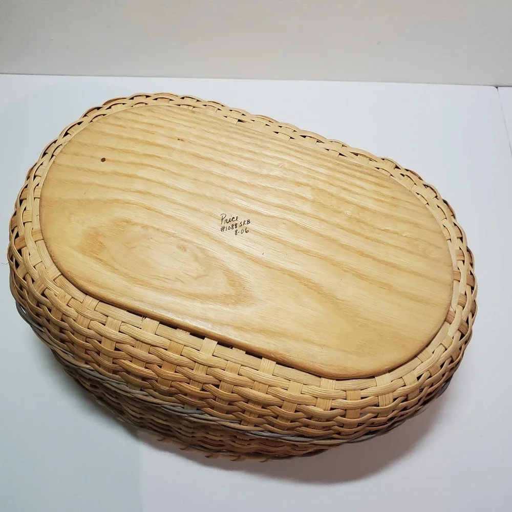 Signed‎ Artisan Woven Splint Bread Basket Wood Base Floral Porcelain Handles